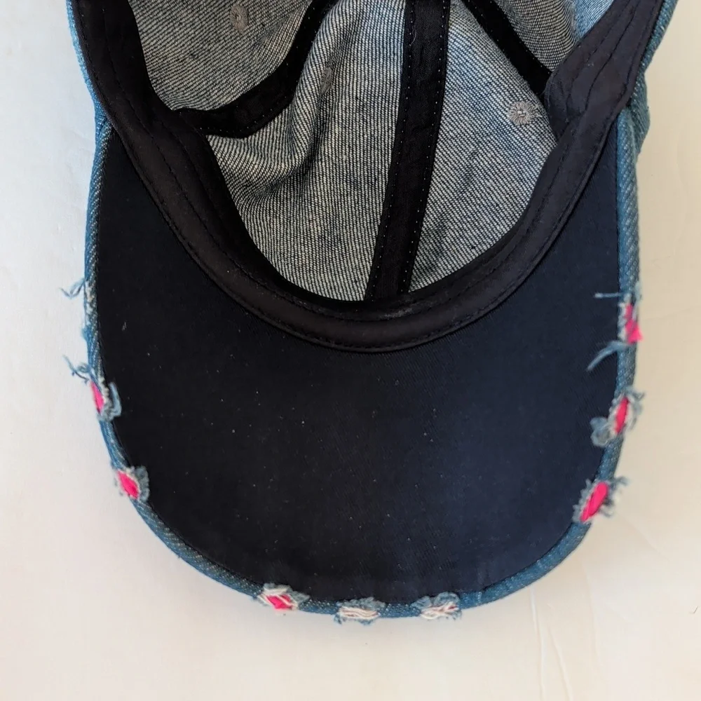 Distressed Pink Ribbon Breast Cancer Awareness Blue Denim Cap
